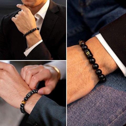 Gelang Onyx Hitam 26 Alfabet yang Dapat Disesuaikan