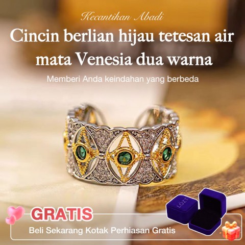 Cincin berlian hijau tetesan air mata Venesia dua warna emas