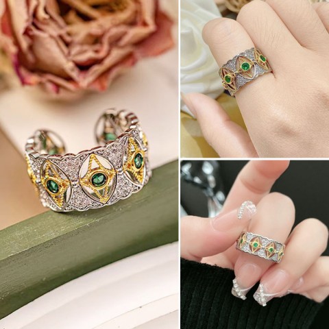 Cincin berlian hijau tetesan air mata Venesia dua warna emas