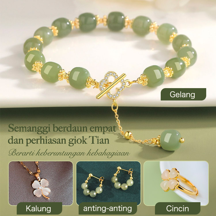 Promosi Ramadan-Semanggi empat daun berlapis emas 18k dan perhiasan batu giok Tian-One year warranty