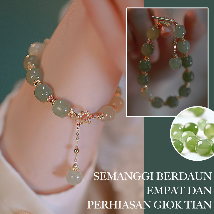 Promosi Ramadan-Semanggi empat daun berlapis emas 18k dan perhiasan batu giok Tian-One year warranty