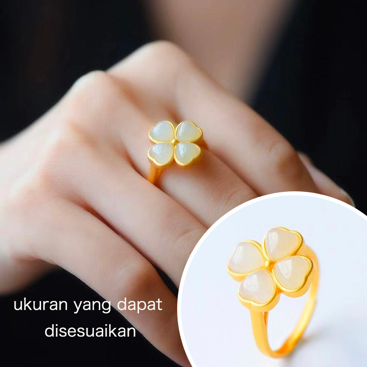 Promosi Ramadan-Semanggi empat daun berlapis emas 18k dan perhiasan batu giok Tian-One year warranty